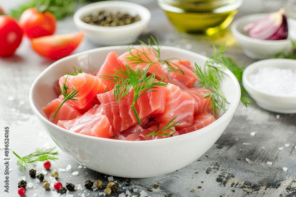 Selective focus on white bowl containing canned tuna fish Selective focus on white bowl containing canned tuna fish