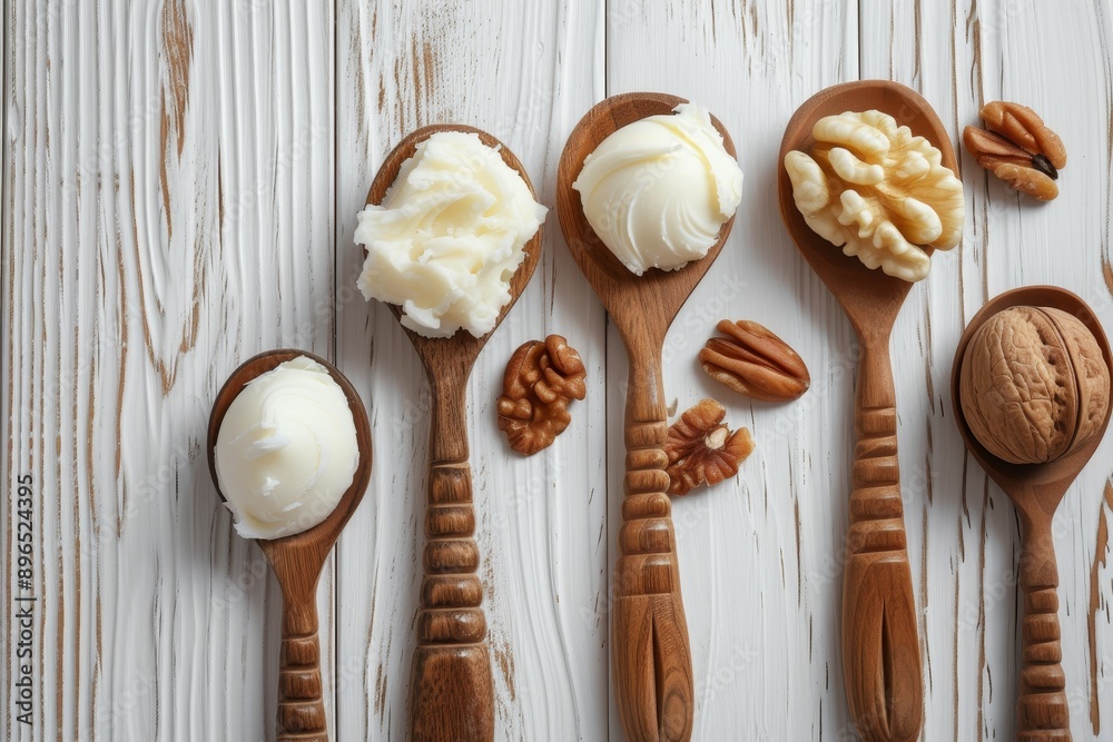 Shea butter and nut spoons highlighted on a light wood backdrop Shea butter and nut spoons highlighted on a light wood backdrop