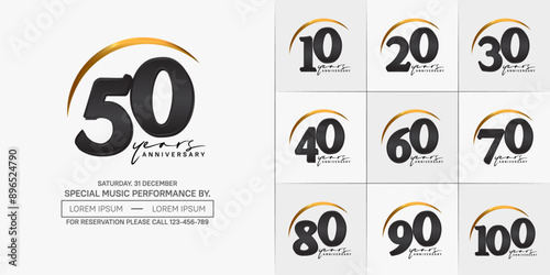 anniversary logotype set vector, black and gold color with swoosh for special day celebration