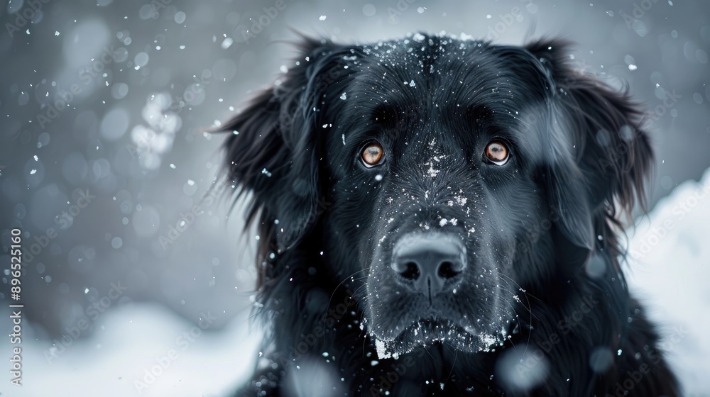 Close up of big black dog sitting in snow Close up of big black dog sitting in snow