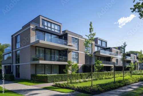 Modern apartment buildings on a sunny day with a blue sky. Facade of a modern apartment building