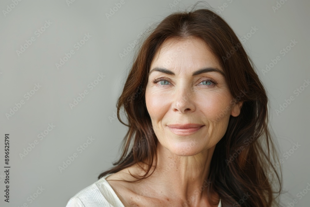 Smiling mature lady with smooth skin posing in studio Smiling mature lady with smooth skin posing in studio