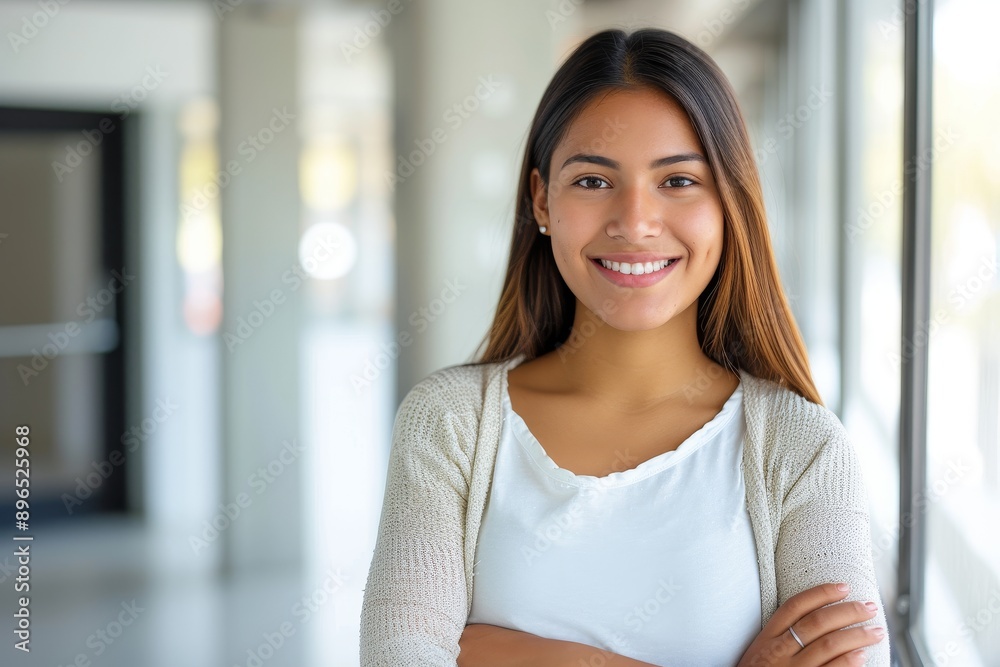 Smiling multiethnic woman successful in modern office with crossed arms and a smile