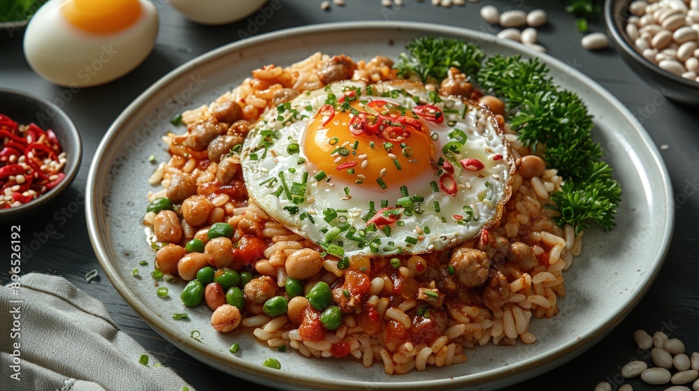 A plate of food with a fried egg on top of rice and beans. A plate of food with a fried egg on top of rice and beans.