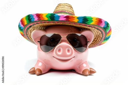 Sombrero wearing piggy bank with sunglasses on a white backdrop