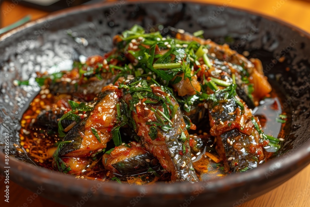 Spiced sardine garnished with herbs Spiced sardine garnished with herbs