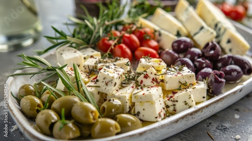 Mediterranean appetizer plate with cheese and olives photo