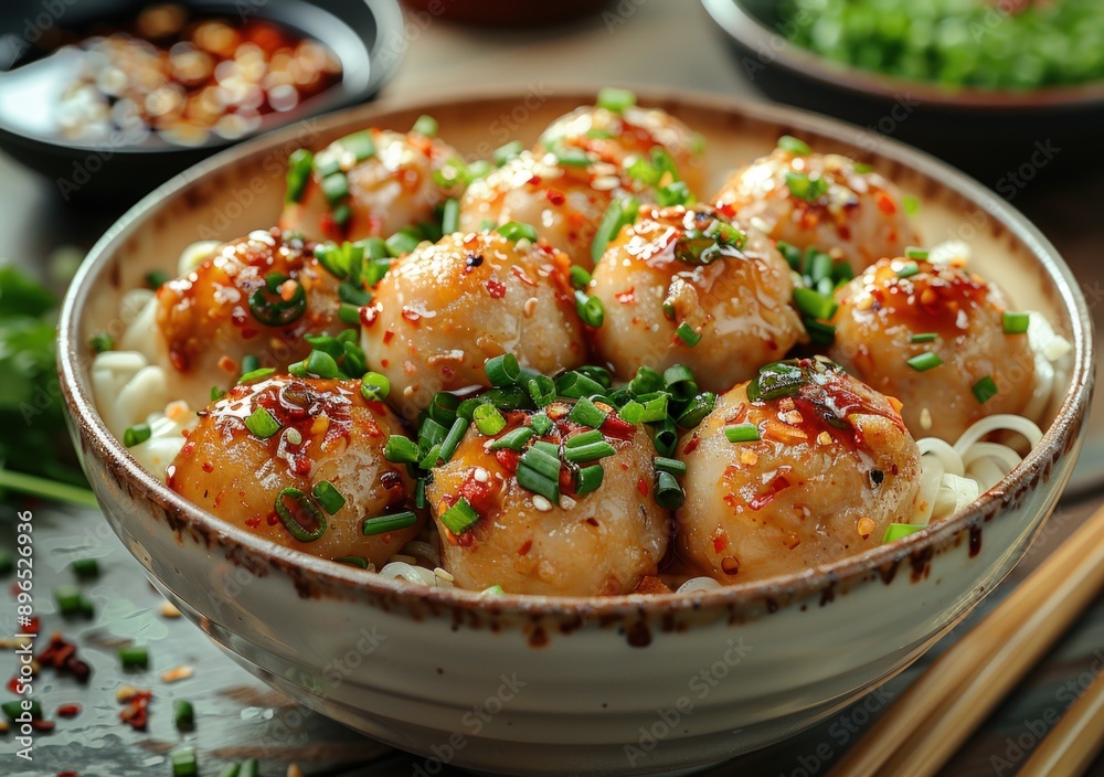 Photo of steamed chicken meatballs with rice noodles and chives in a bowl. Photo of steamed chicken meatballs with rice noodles and chives in a bowl.