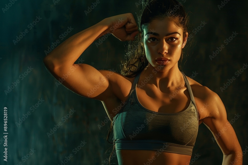 Obraz premium Stunning female athlete flexing on a dark backdrop