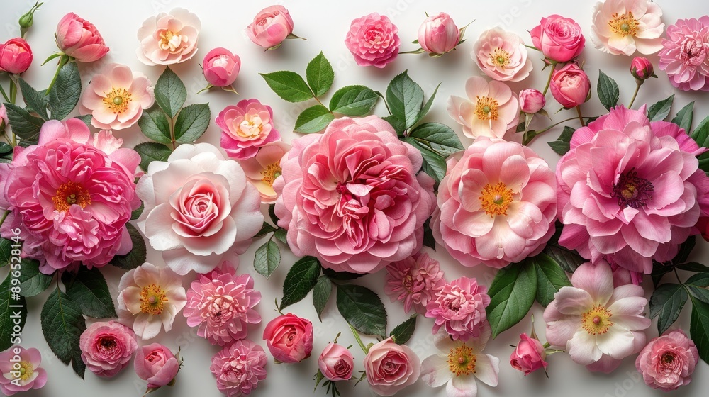 Pink roses and pink peonies on white background. Generate AI image Pink roses and pink peonies on white background. Generate AI image