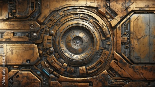 A rusty metal panel with a large circular gear and other mechanical details © Constantine Art