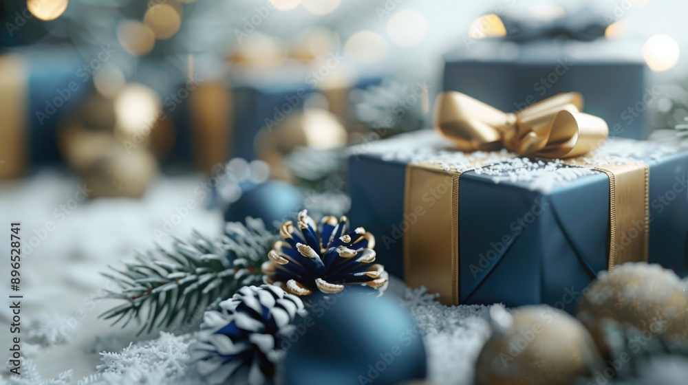 A beautiful blue and gold gift box surrounded by festive Christmas decorations A beautiful blue and gold gift box surrounded by festive Christmas decorations