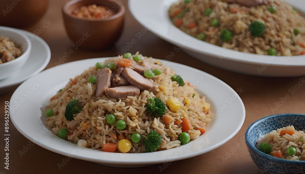 closeup of pork fried rice on a plate closeup of pork fried rice on a plate