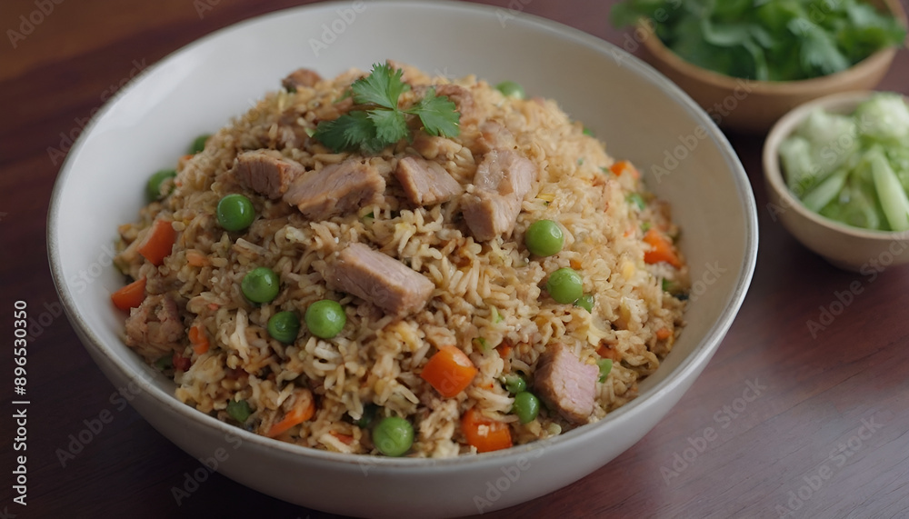 closeup of pork fried rice on a plate closeup of pork fried rice on a plate
