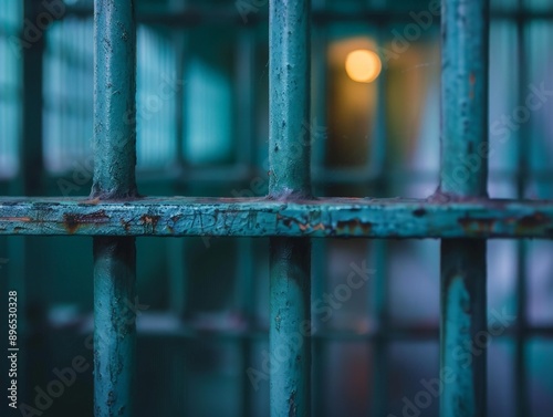 Close-up of metal prison bars with a dimly lit cell in the background, highlighting the sense of confinement with a high-quality backdrop 