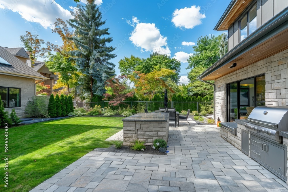 Elegant backyard with a stone patio, built-in grill, and modern outdoor kitchen, overlooking a neatly trimmed lawn and well-designed landscaping Elegant backyard with a stone patio, built-in grill, and modern outdoor kitchen, overlooking a neatly trimmed lawn and well-designed landscaping