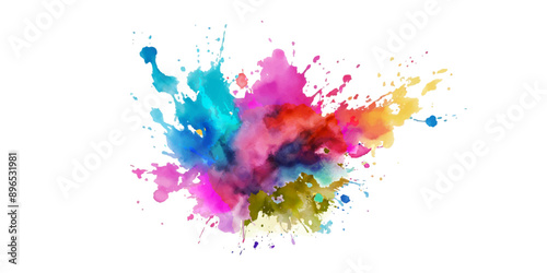 Bright colorful watercolor splash splatter stain brush strokes on white background. Modern vibrant aquarelle spot. Rainbow trendy isolated design on white. Element. Vector watercolor illustration.	