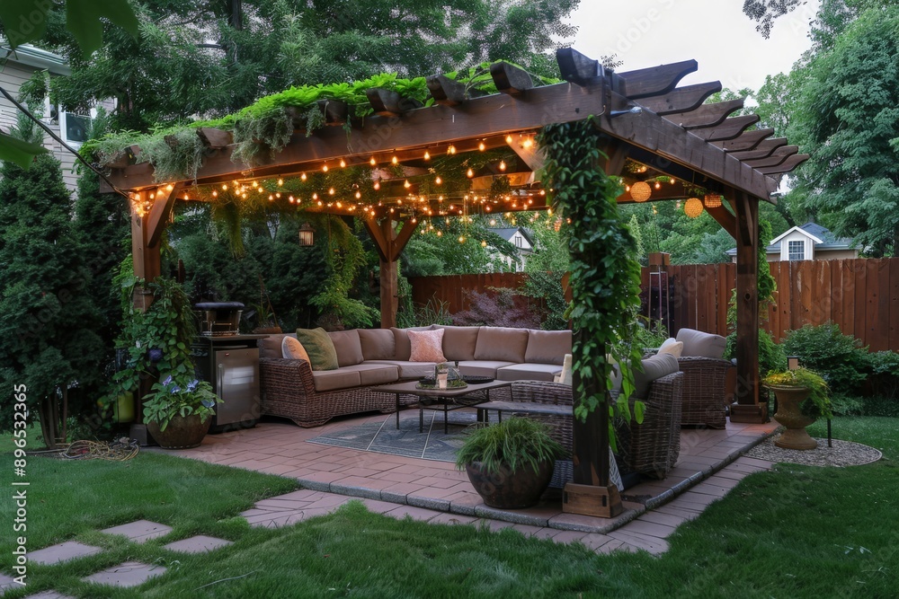 Inviting backyard with a large pergola covered in vines, providing shade over a comfortable outdoor seating area, and surrounded by lush greenery and decorative lighting Inviting backyard with a large pergola covered in vines, providing shade over a comfortable outdoor seating area, and surrounded by lush greenery and decorative lighting
