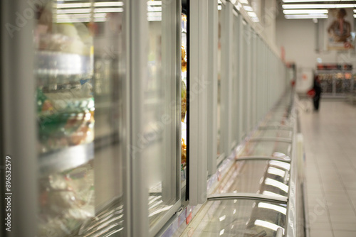 Refrigerator in the store. Showcase with products. Cabinet for freezing food.