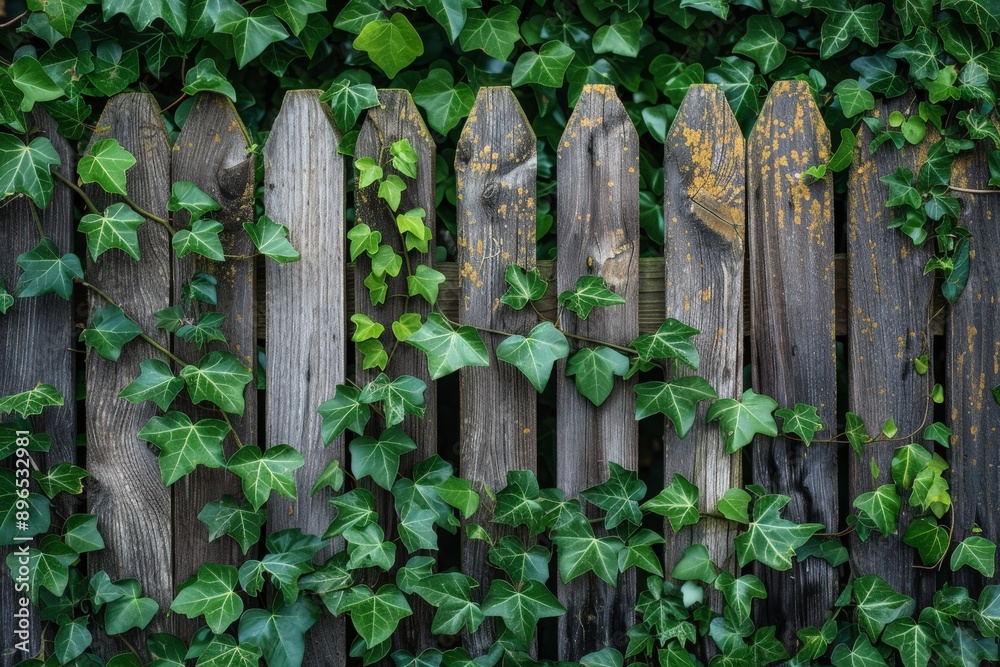 Old wooden fence covered in vibrant green ivy, blending seamlessly with the natural surroundings, highlighting the harmony with a high-quality backdrop 