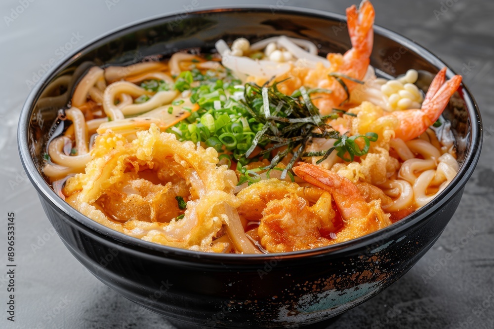 Udon noodles with fried tempura pieces Udon noodles with fried tempura pieces
