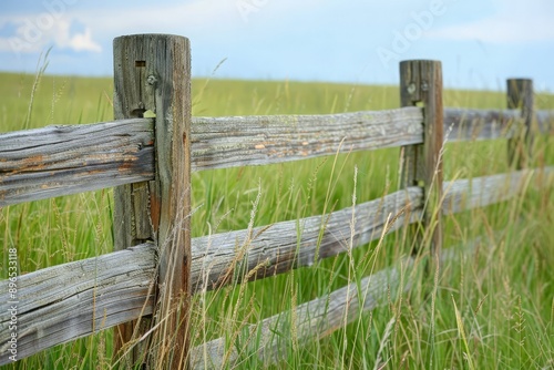 Old wooden fence in a field of tall grass, swaying gently in the breeze, capturing the serene countryside with a high-quality background 