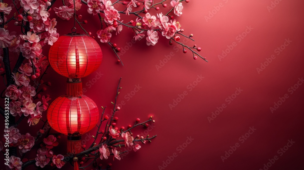 Obraz premium Chines new years with red lanterns and cherry blossoms on a vibrant red background