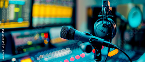 Close-up of a microphone and headphones in a vibrant recording studio, showcasing audio equipment and technology. photo