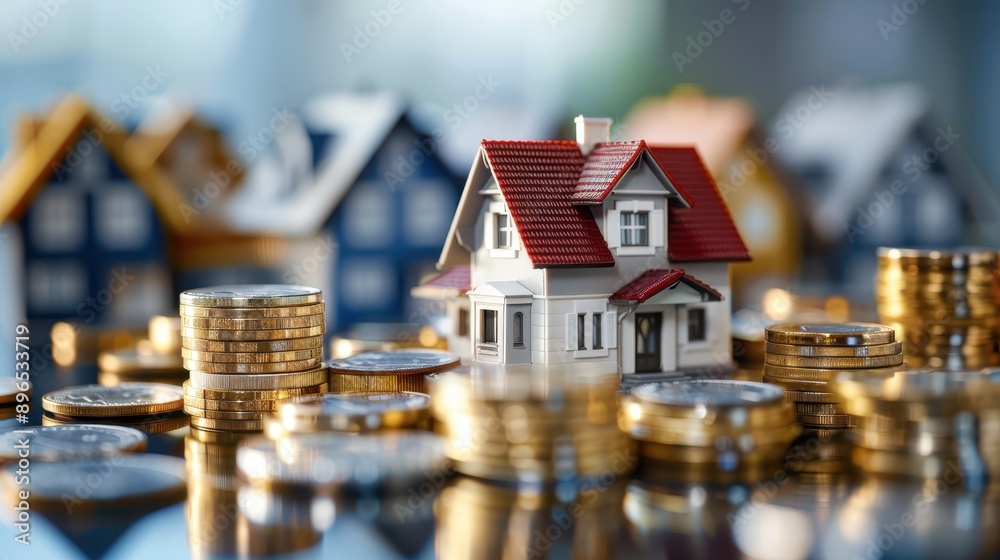A miniature house surrounded by stacks of coins, symbolizing real estate investment and financial growth in property market. A miniature house surrounded by stacks of coins, symbolizing real estate investment and financial growth in property market.