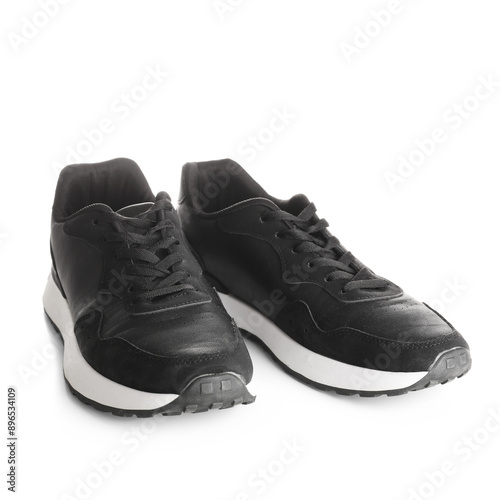 Stylish male black sneakers on white background