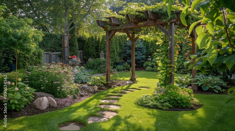 Spacious backyard with a well-designed garden path leading to a charming wooden arbor covered in climbing vines, creating a picturesque garden retreat Spacious backyard with a well-designed garden path leading to a charming wooden arbor covered in climbing vines, creating a picturesque garden retreat