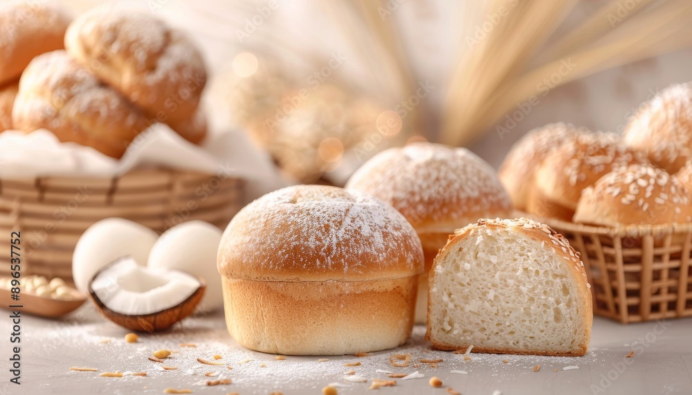 Freshly baked rolls dusted with flour, perfect for breakfast or snack. Ideal for food photography and culinary projects.