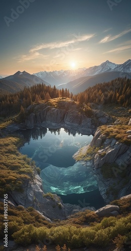 Mountain lake with reflection of snow-capped peaks at sunset