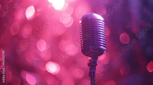 Microphone for live karaoke and concert, retro mic on stage with blurry abstract background