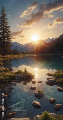 Mountain lake with reflection of snow-capped peaks at sunset