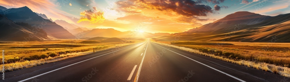 A breathtaking sunset over a long road, surrounded by mountains and golden fields, perfect for travel and nature enthusiasts. A breathtaking sunset over a long road, surrounded by mountains and golden fields, perfect for travel and nature enthusiasts.