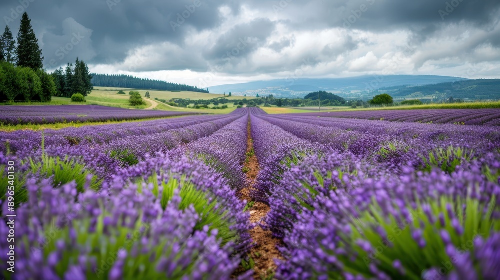 Naklejka premium A stunning lavender field under a moody sky, showcasing vibrant purple flowers stretching across rolling hills.