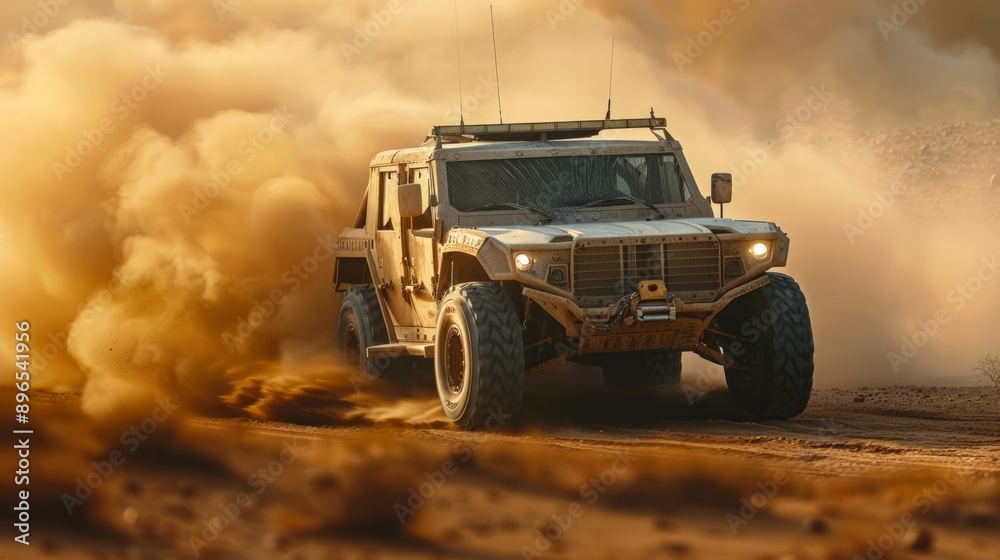 Fototapeta premium Off-road vehicle driving through a dusty path