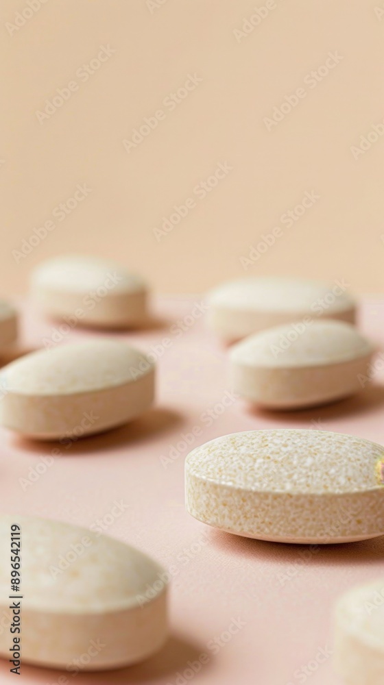 Close-up of beige tablets on a pastel peach background, showcasing a minimalist and clean aesthetic. Close-up of beige tablets on a pastel peach background, showcasing a minimalist and clean aesthetic.