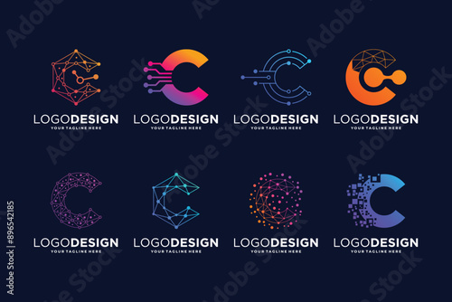 Letter C tech logo design. Digital, connection, and science logo concept