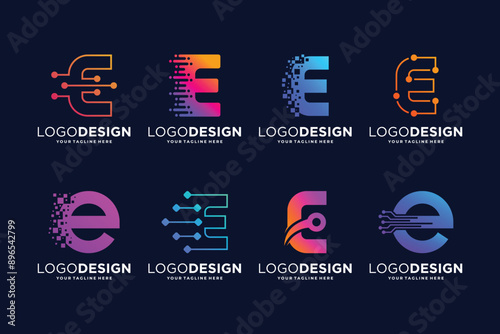 Letter E tech logo design. Digital, connection, and science logo concept