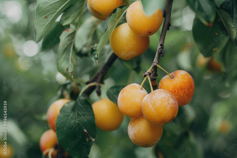 A close up of yellow and orange plums hanging from the branches in an orchard, surrounded by green leaves, with blurred trees in the background Generative AI