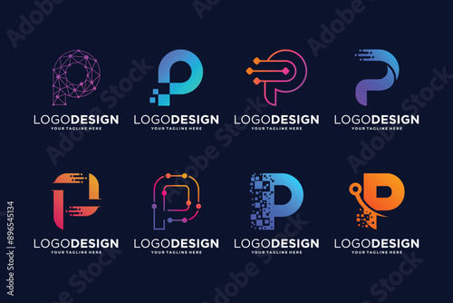Letter P tech logo design. Digital, connection, and science logo concept