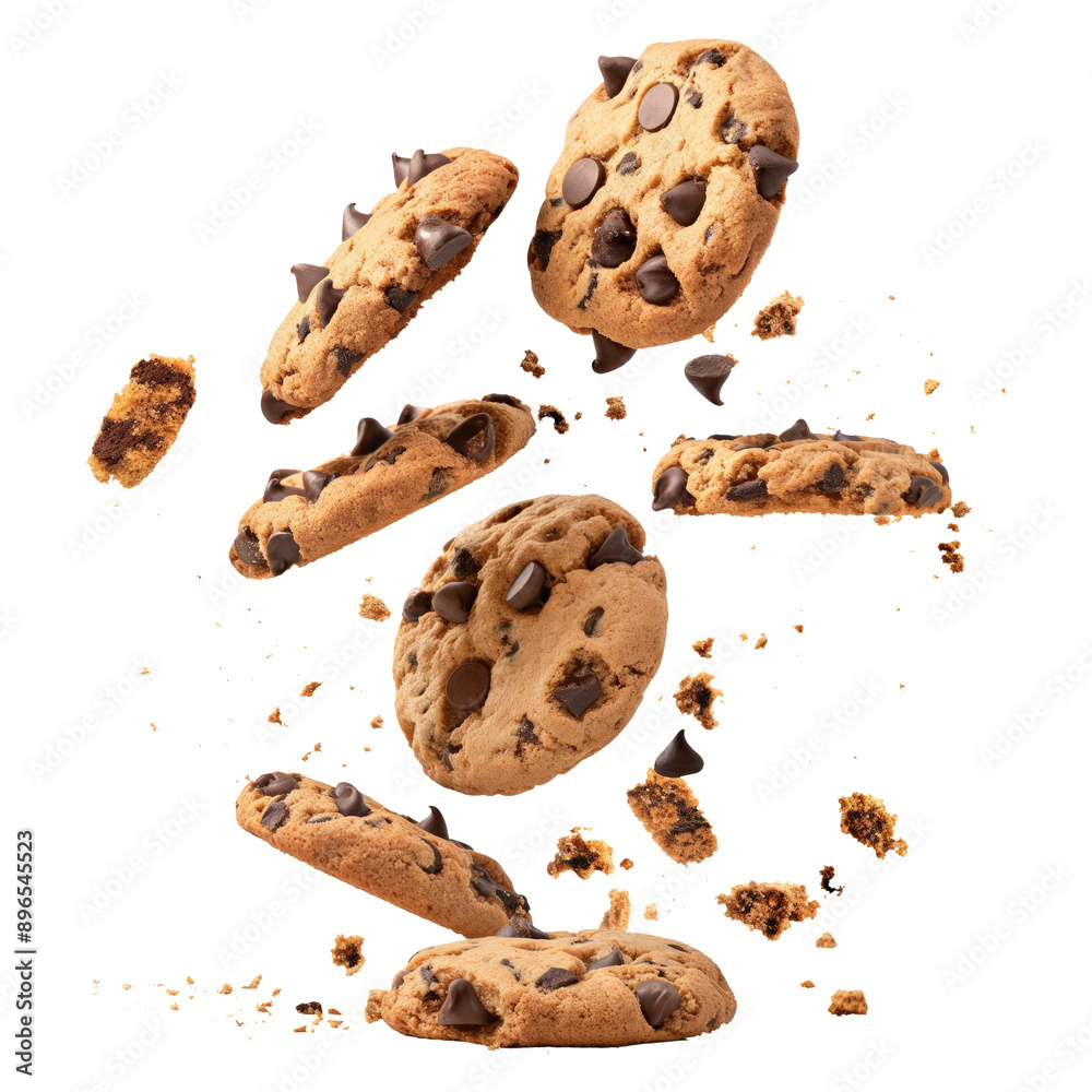 Flying pile cake crumbs chocolate chip cookies isolated on transparent white background, clipping path Flying pile cake crumbs chocolate chip cookies isolated on transparent white background, clipping path