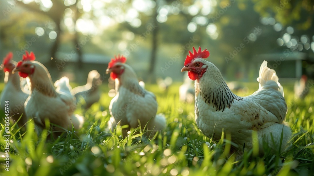 Chickens grazing on a green field Chickens grazing on a green field