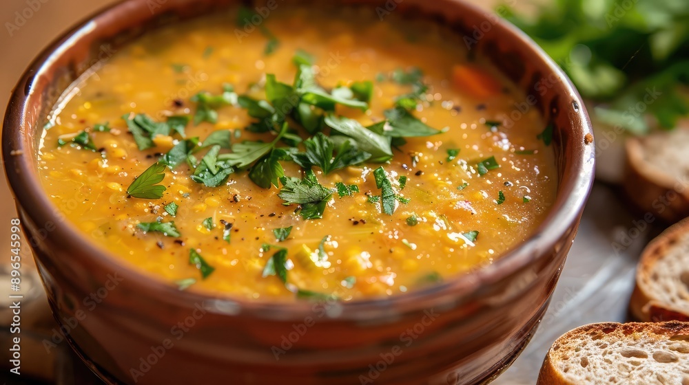 A hearty bowl of lentil soup garnished with fresh herbs and served with a slice of whole grain bread. A hearty bowl of lentil soup garnished with fresh herbs and served with a slice of whole grain bread.