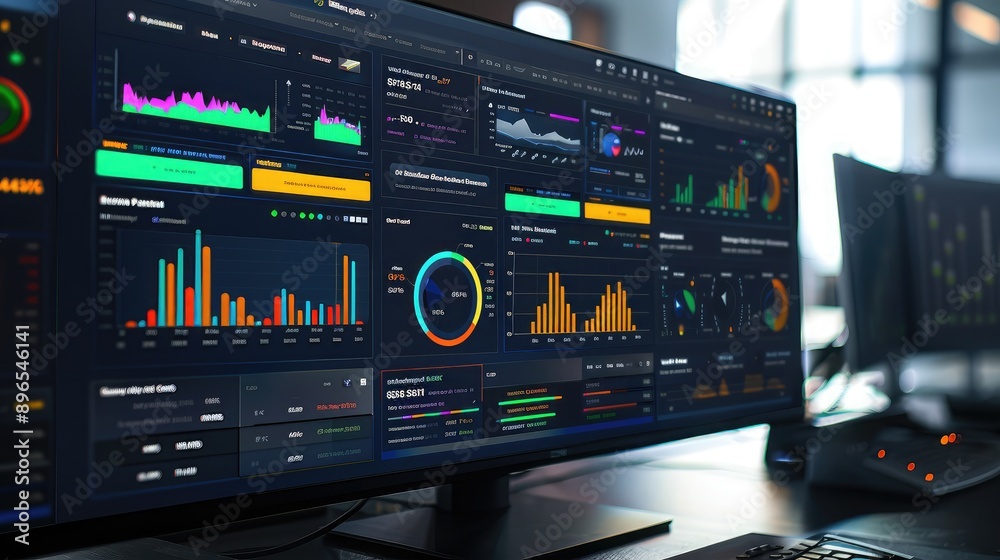 A high-resolution image of a business dashboard on a computer screen. A high-resolution image of a business dashboard on a computer screen.