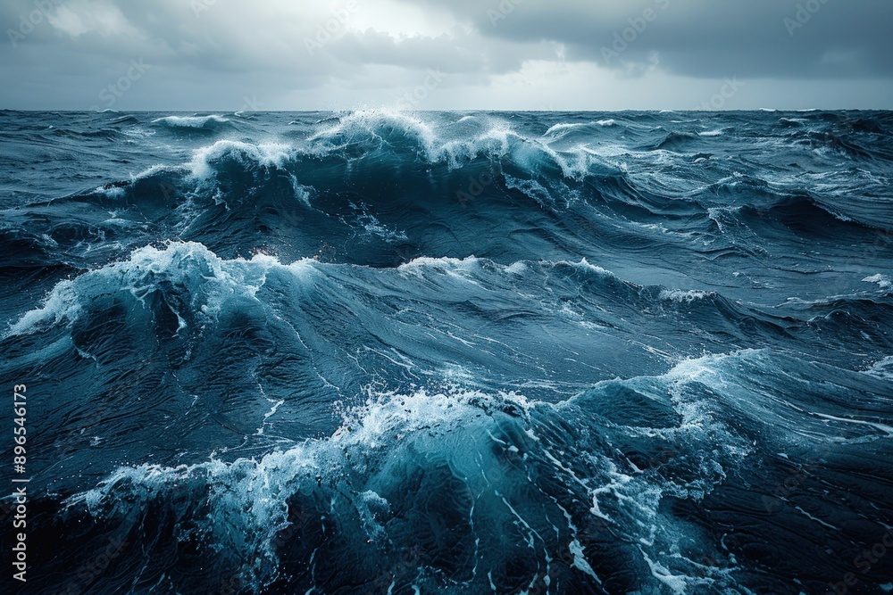 Fototapeta premium A photo of the ocean with dark stormy waves, cloudy sky, and rough sea in dark blue.