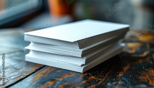 Blank Paper Mockup: Stacked blank paper on wooden table 