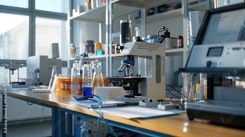 A modern lab setup with a 3D printer and various scientific instruments. A modern lab setup with a 3D printer and various scientific instruments.